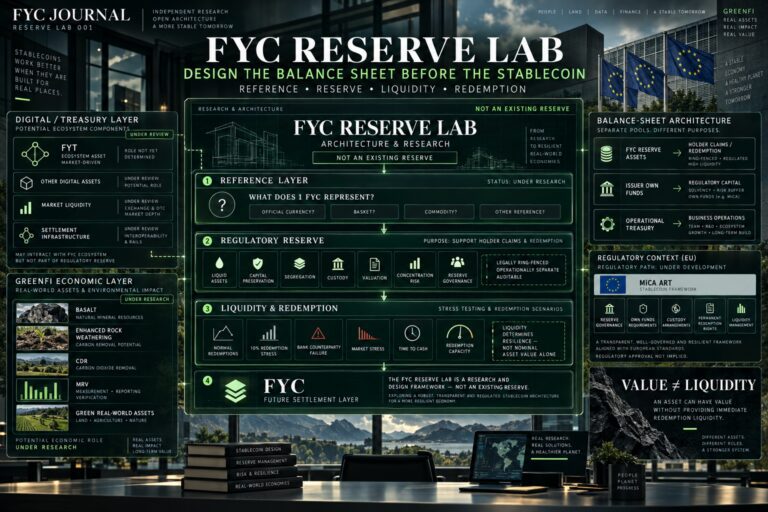 FYC Reserve Lab architecture showing the reference layer, regulatory reserve, liquidity and redemption structure, with separate digital and GreenFi economic layers.