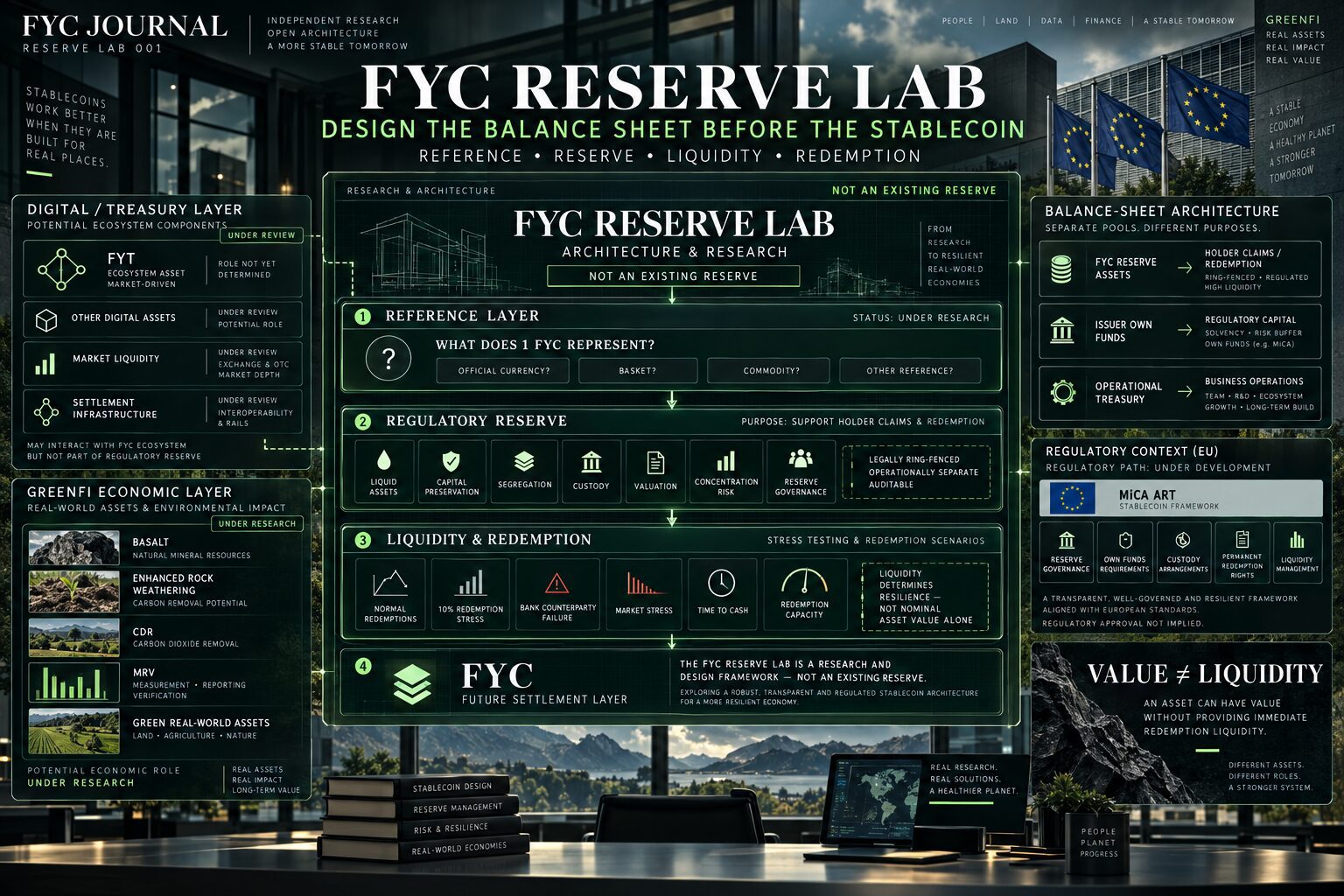 FYC Reserve Lab architecture showing the reference layer, regulatory reserve, liquidity and redemption structure, with separate digital and GreenFi economic layers.