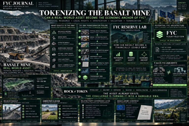 Albanian basalt mine connected to the FYC Reserve Lab through mining rights, verified basalt inventory, valuation and RWA tokenization architecture.