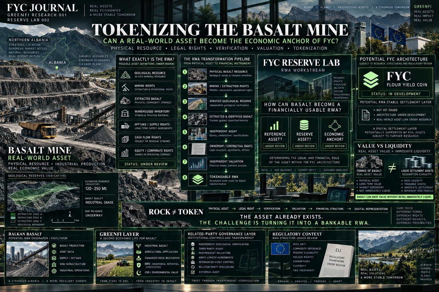 Albanian basalt mine connected to the FYC Reserve Lab through mining rights, verified basalt inventory, valuation and RWA tokenization architecture.